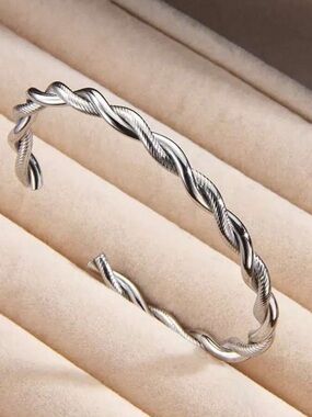 Sterling Silver Twisted Rope Cuff Bracelet - Silver